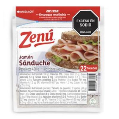 Imagen de Jamón ZENU sánduche x22 tajadas (450 gr)