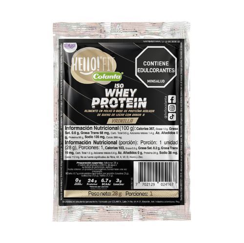 Imagen de Iso Whey Protein Vainilla Hello! Fit Colanta X 28g