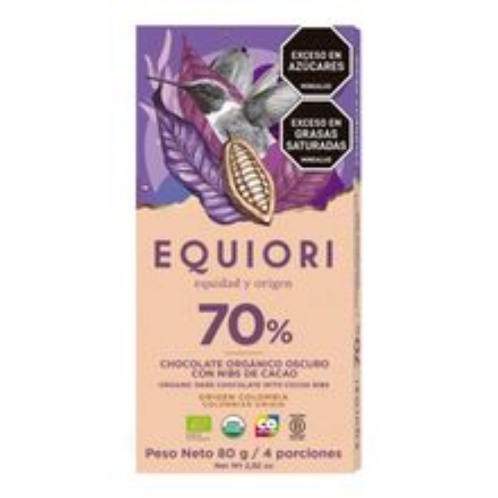 Imagen de Chocolatina EQUIORI organica al 70% Nibs x80 g