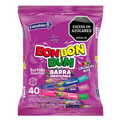 Imagen de Barra masticable BON BON BUM sabor a sandía mora azul y uva (400  gr)